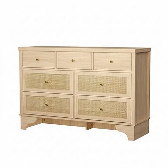 7 Drawer Dresser for Bedroom, 47.3" Wide Natural Rattan Chest of Drawers, for Living Room