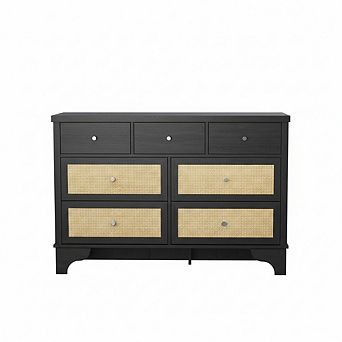 7 Drawer Dresser for Bedroom, 47.3" Wide Natural Rattan Chest of Drawers, for Living Room