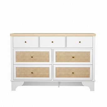 7 Drawer Dresser for Bedroom, 47.3" Wide Natural Rattan Chest of Drawers, for Living Room