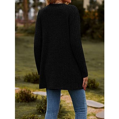 Women's Ribbed Button Down Knit Cardigan sweater Long Sleeve Open Front Coat with Pockets