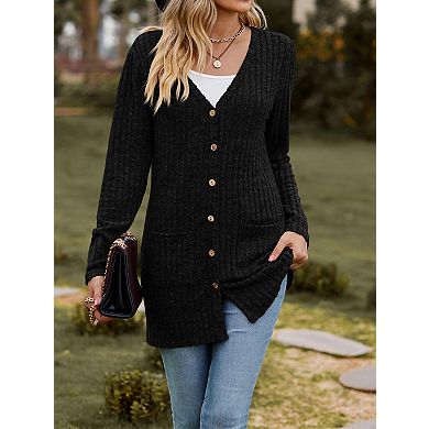 Women's Ribbed Button Down Knit Cardigan sweater Long Sleeve Open Front Coat with Pockets