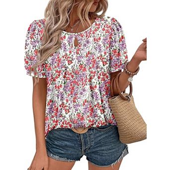 Women's Floral Print Crew Neck T-shirts Ruched Short Sleeve Casual Blouses