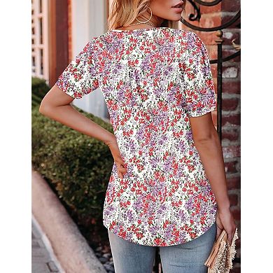 Women's Floral Print Crew Neck T-shirts Ruched Short Sleeve Casual Blouses