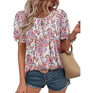 Women's Floral Print Crew Neck T-shirts Ruched Short Sleeve Casual Blouses