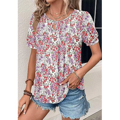 Women's Floral Print Crew Neck T-shirts Ruched Short Sleeve Casual Blouses