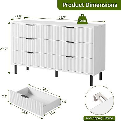 6 Drawer Dresser with Waveform Fluted Panel,Wood Storage Dresser Organizer for Dorms, Hallways