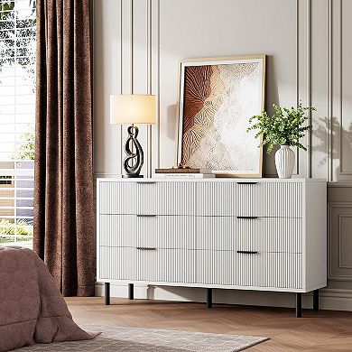 6 Drawer Dresser with Waveform Fluted Panel,Wood Storage Dresser Organizer for Dorms, Hallways