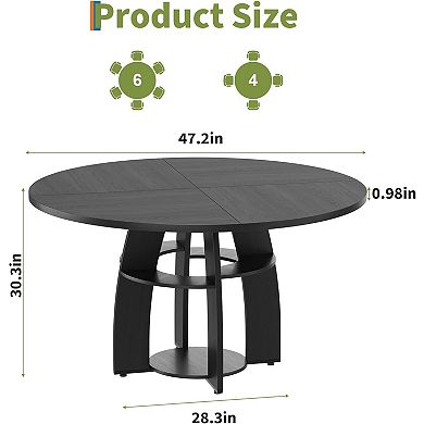 Modern Round Dining Table 47 Inch Wood Table, Storage Shelf, Adjustable Feet, or Living Room