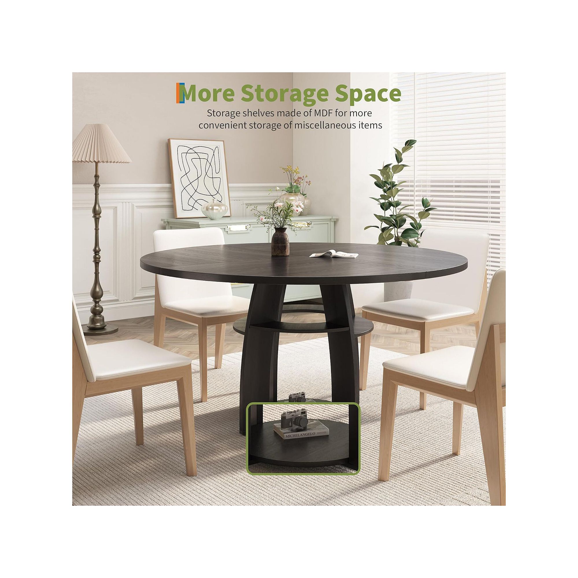 Dining table feature graphic highlighting storage shelves and more storage space