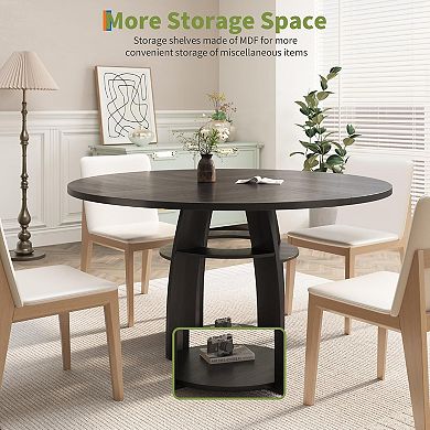 Modern Round Dining Table 47 Inch Wood Table, Storage Shelf, Adjustable Feet, or Living Room