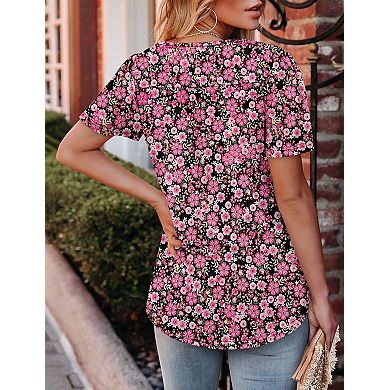 Women's Floral Print Crew Neck T-shirts Ruched Short Sleeve Casual Blouses