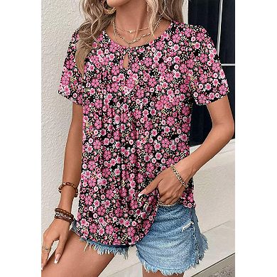 Women's Floral Print Crew Neck T-shirts Ruched Short Sleeve Casual Blouses