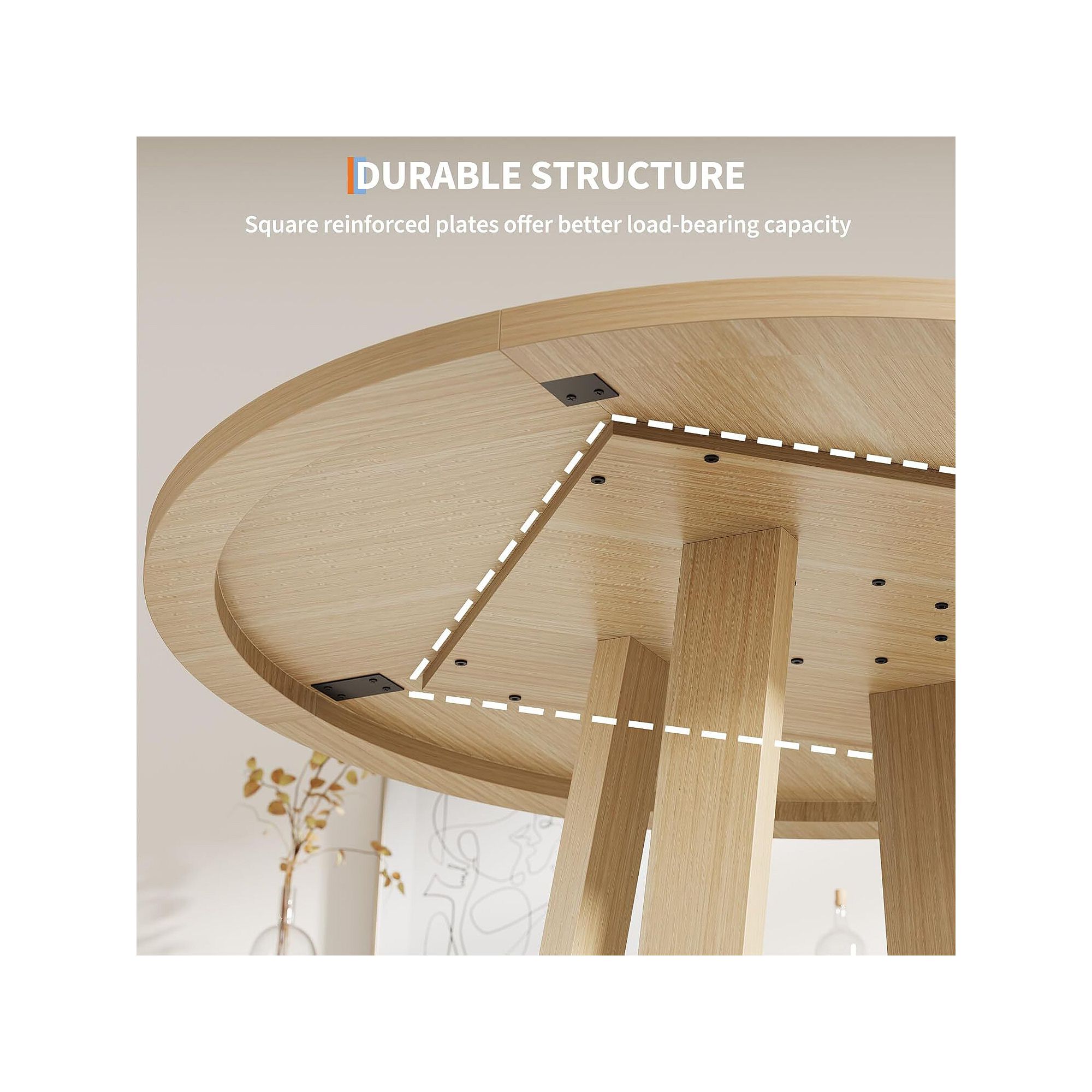 Underside view of round dining table showing reinforced base supports