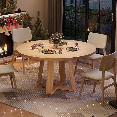 47" Round Dining Table, Wooden Cross Pedestal Base Circle Dinner Table, Seats 4-6 for Dining Room