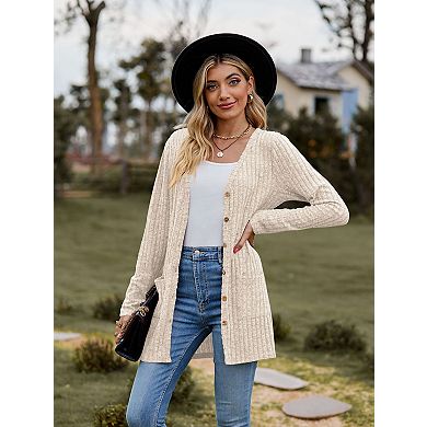 Women's Ribbed Button Down Knit Cardigan sweater Long Sleeve Open Front Coat with Pockets
