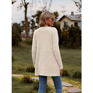 Women's Ribbed Button Down Knit Cardigan sweater Long Sleeve Open Front Coat with Pockets