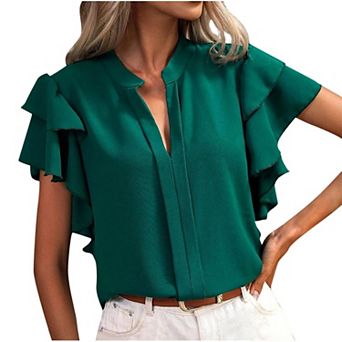 Women Short Sleeve Blouse V Neck Ruffle Layer Sleeve Tunic Shirt Elegant Summer Office Business Top
