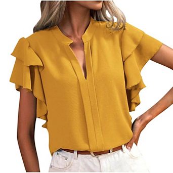 Women Short Sleeve Blouse V Neck Ruffle Layer Sleeve Tunic Shirt Elegant Summer Office Business Top