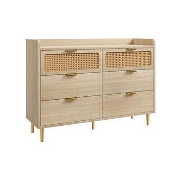 Modern 6 Drawer Dresser - Rattan Storage Cabinet with Wicker Trim, for Bedroom, Living Room