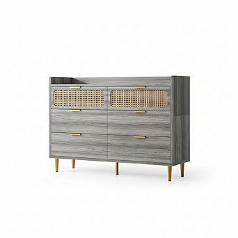 Modern 6 Drawer Dresser - Rattan Storage Cabinet with Wicker Trim, for Bedroom, Living Room