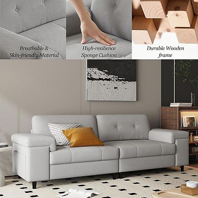 85"Grey Chenille 3-Seat Sofa: Adjustable Armrest Button Tufted Easy Assembly