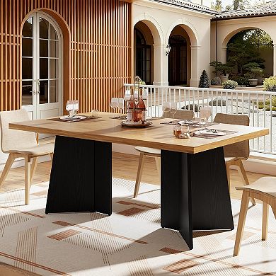 Modern Farmhouse Dining Table for 6-8,Large Rectangular Wooden Tabletop,Durable Metal Pedestal Legs