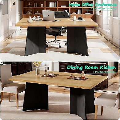 Modern Farmhouse Dining Table for 6-8,Large Rectangular Wooden Tabletop,Durable Metal Pedestal Legs