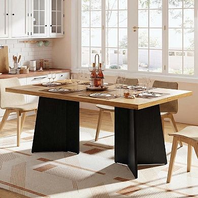 Modern Farmhouse Dining Table for 6-8,Large Rectangular Wooden Tabletop,Durable Metal Pedestal Legs