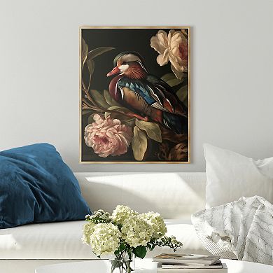 Framed Mandarin Duck Floral Canvas Wall Art