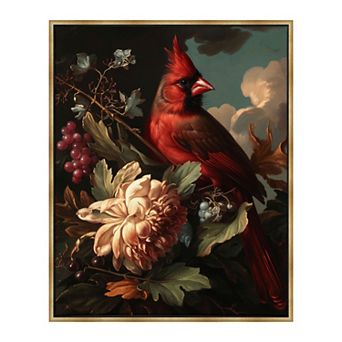 Framed Red Cardinal Floral Canvas Wall Art