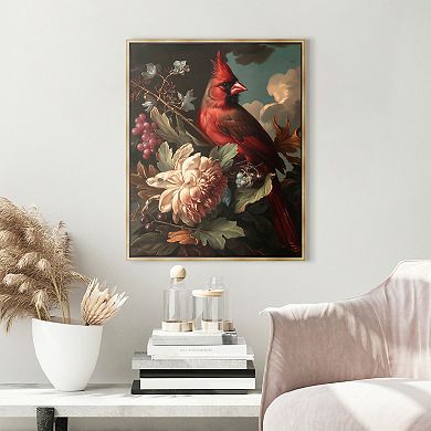 Framed Red Cardinal Floral Canvas Wall Art