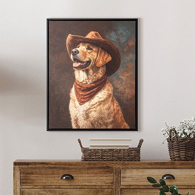 Framed Cowboy Golden Retriever Canvas Wall Art