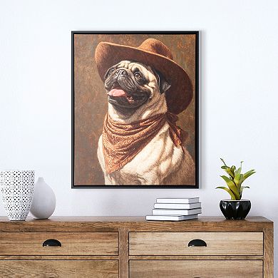 Framed Cowboy Pug Canvas Wall Art