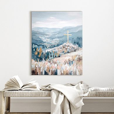 Gold Cross Mountain Landscape Canvas Wall Art