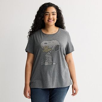 Plus Size Peanuts Snoopy & Woodstock Rhinestones Short Sleeve Graphic Tee