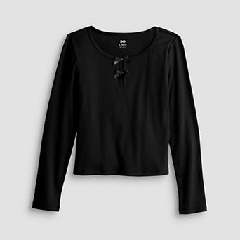 Girls 7-20 SO® Long Sleeve Bow Trim Top in Regular & Plus Size