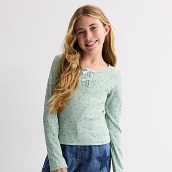 Girls 7-20 SO® Long Sleeve Bow Trim Top in Regular & Plus Size