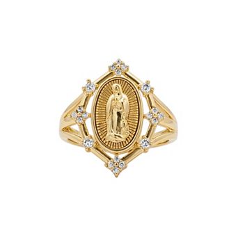 PRIMROSE 14k Gold Flash Plated Cubic Zirconia Religious Medallion Ring