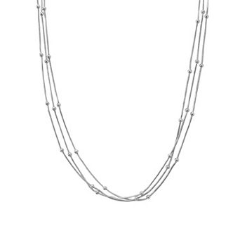 PRIMROSE Fine Silver Plated Cubic Zirconia Accent Polished Beads Station Triple Snake Chain Necklace