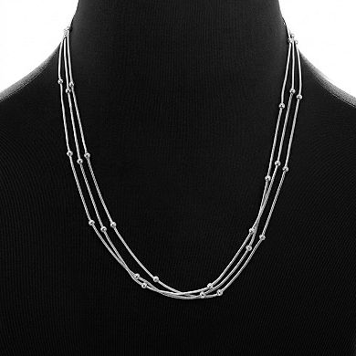 PRIMROSE Fine Silver Plated Cubic Zirconia Accent Polished Beads Station Triple Snake Chain Necklace