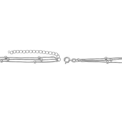 PRIMROSE Fine Silver Plated Cubic Zirconia Accent Polished Beads Station Triple Snake Chain Necklace