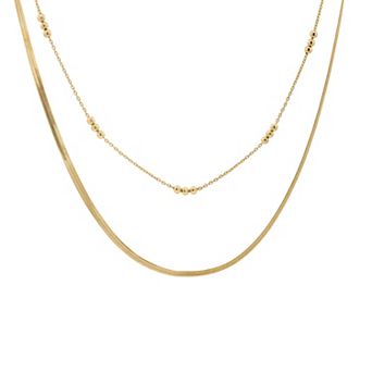PRIMROSE 14k Gold Flash Plated Cubic Zirconia Accent Triple Beaded Station & Herringbone Chain Layered Necklace