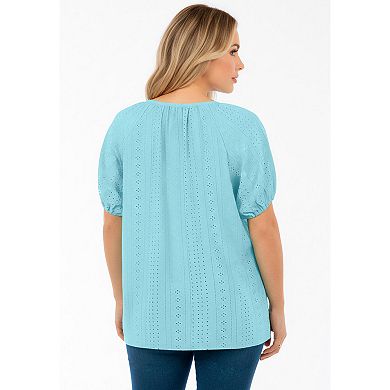 Roaman's Women's Plus Size Shirred Eyelet Button-Front Blouson Tunic
