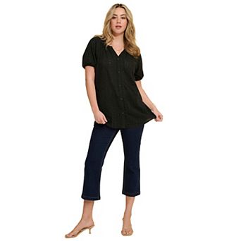Roaman's Women's Plus Size Shirred Eyelet Button-Front Blouson Tunic