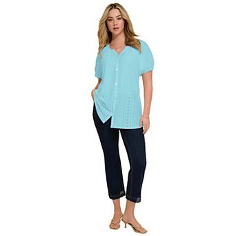 Roaman's Women's Plus Size Shirred Eyelet Button-Front Blouson Tunic