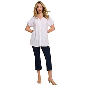 Roaman's Women's Plus Size Shirred Eyelet Button-Front Blouson Tunic