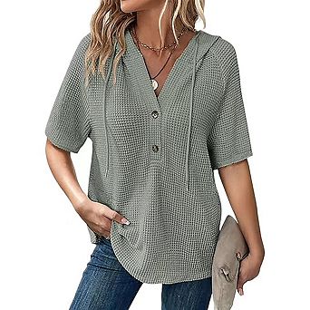 Women's Summer Waffle Knit Hoodie Short-Sleeve Lightweight Drawstring Hooded Casual Shirt