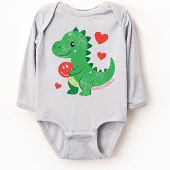 SmileyWorld Green Dinosaur Heart - Baby Long Sleeve Bodysuit