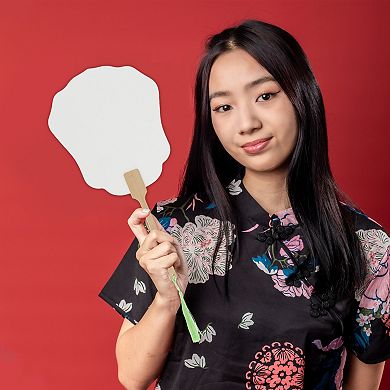 Portable Double-Sided Long Handle Round Lily Folding Fan 1Pc