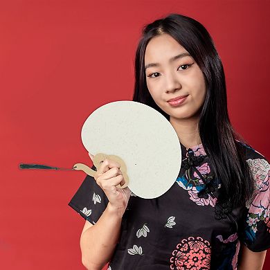 Portable Double-Sided Short Handle Round Ruyi Xuan Paper Folding Fan 1Pc Light Gray Green